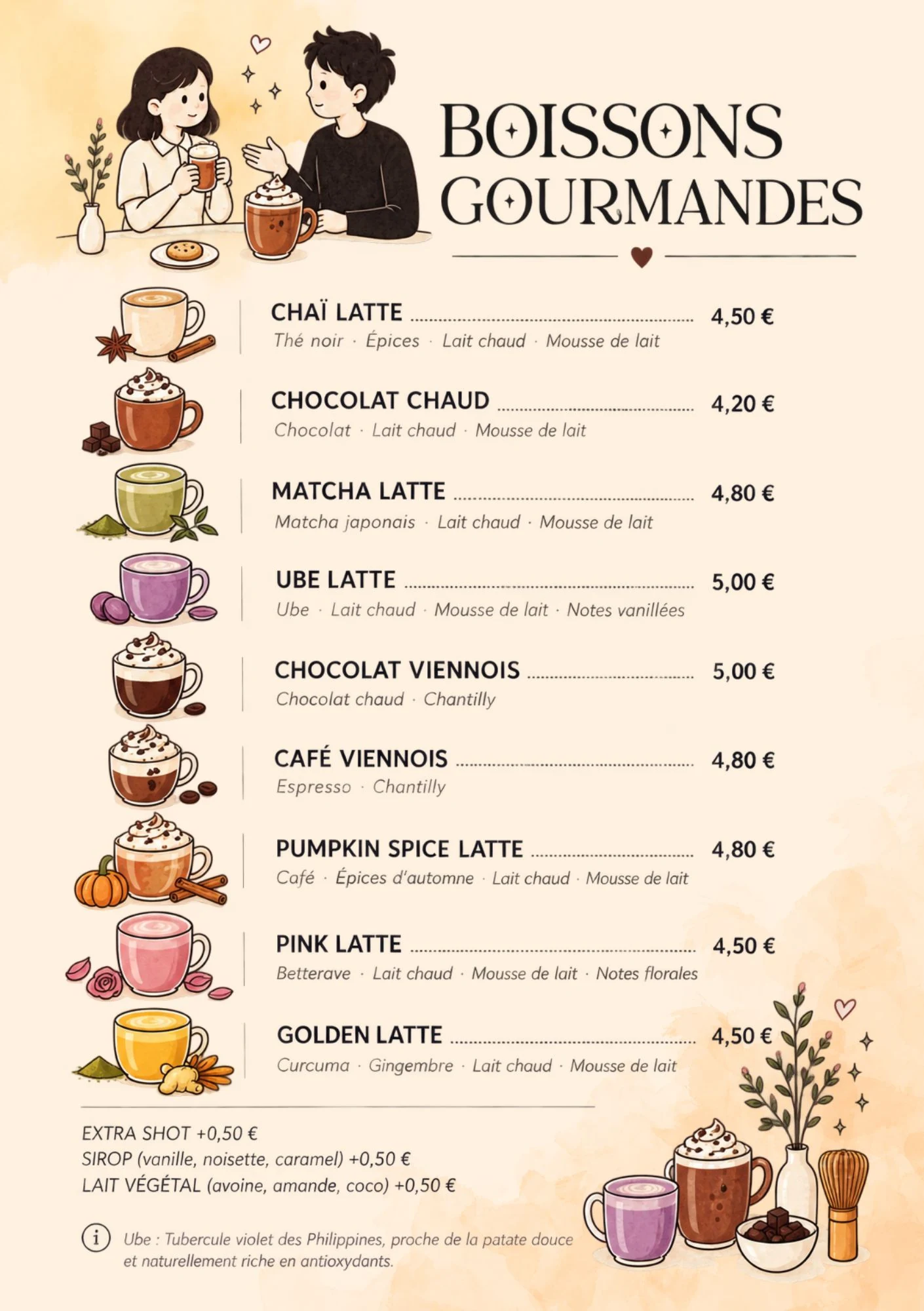 Carte des boissons gourmandes du Family Café, illustrée de deux enfants attablés avec leurs mugs.