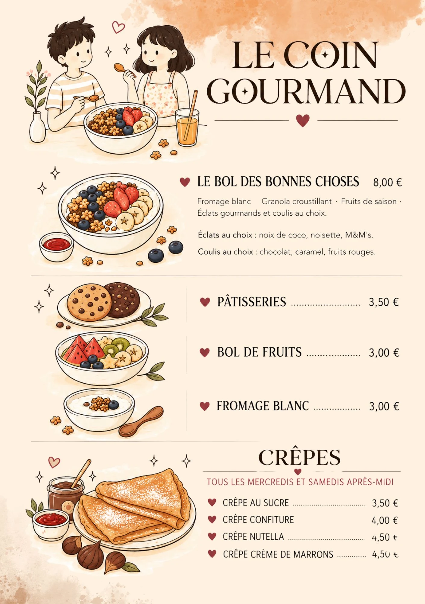Carte du coin gourmand du Family Café, illustrée de deux enfants qui dégustent un bol de granola.