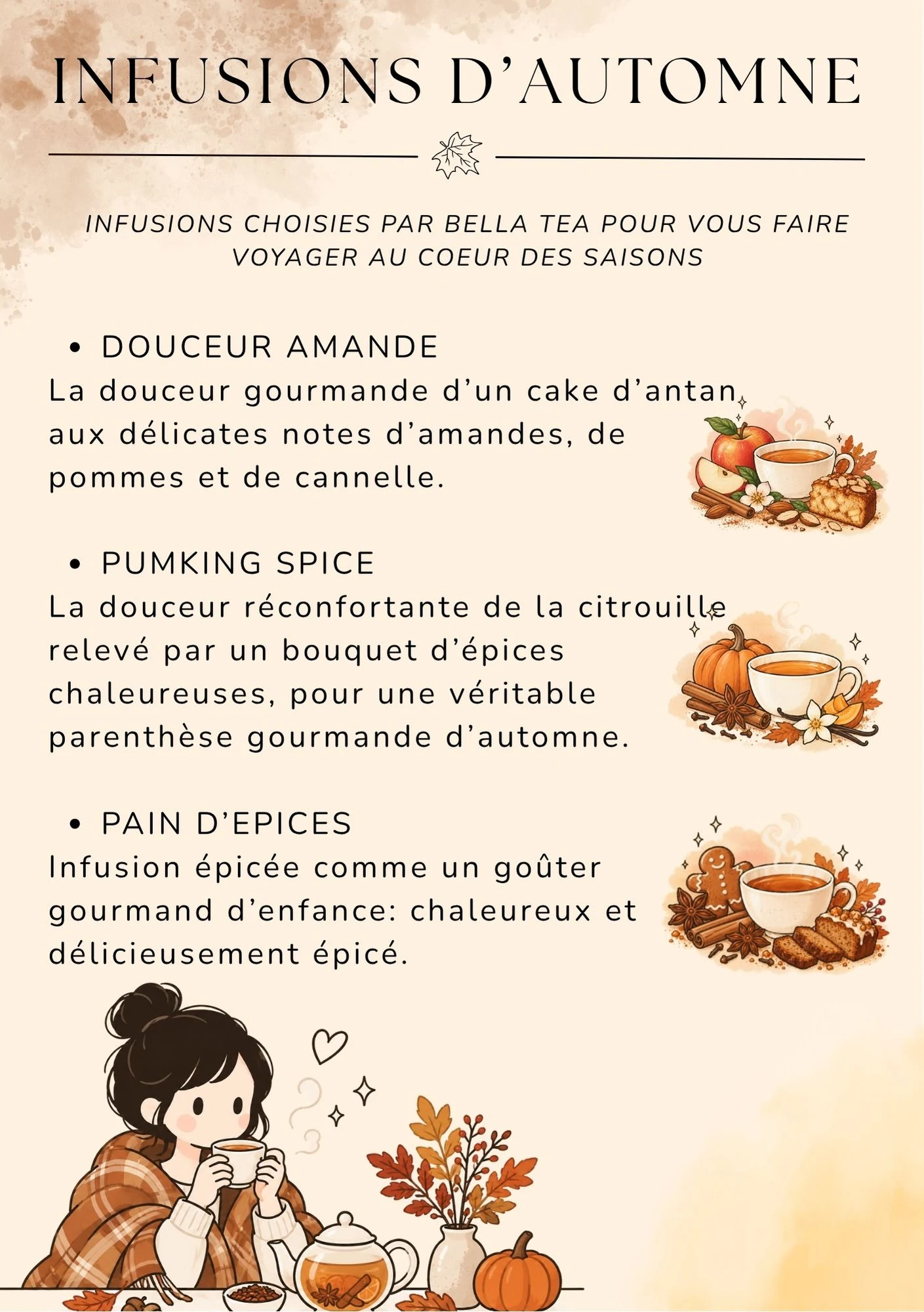 Carte des infusions d'automne du Family Café, illustrée de tasses fumantes et de fruits d'automne.