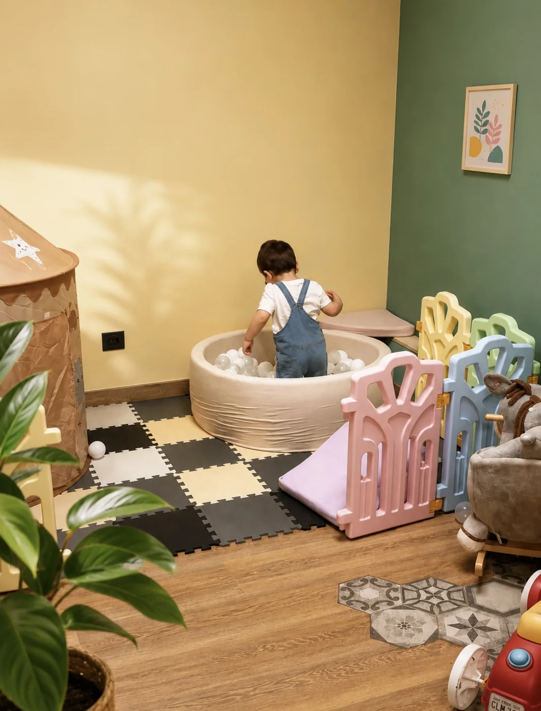 Enfant dans le bac à balles de l'espace jeux du Family Café