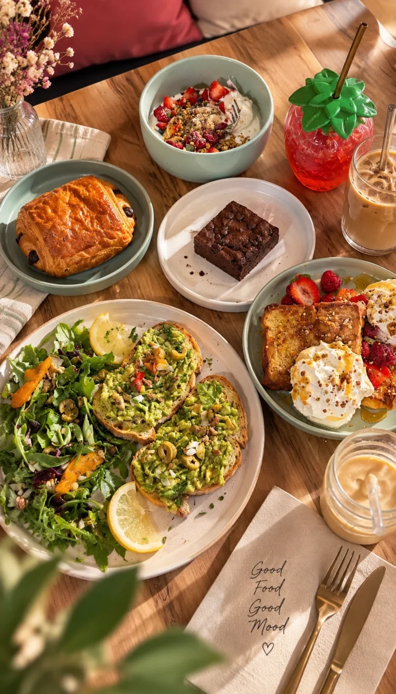 Toast d'avocat, salade, bowl de yaourt au granola, pâtisseries et boissons glacées