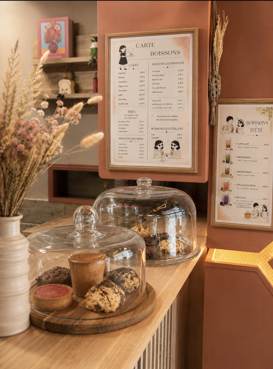 Le comptoir et les cartes des boissons encadrées