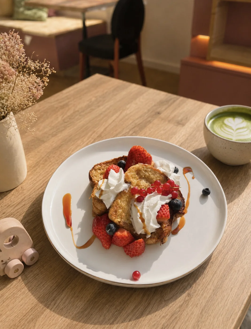 Pain perdu garni de crème fouettée, fraises, myrtilles et groseilles, avec un matcha