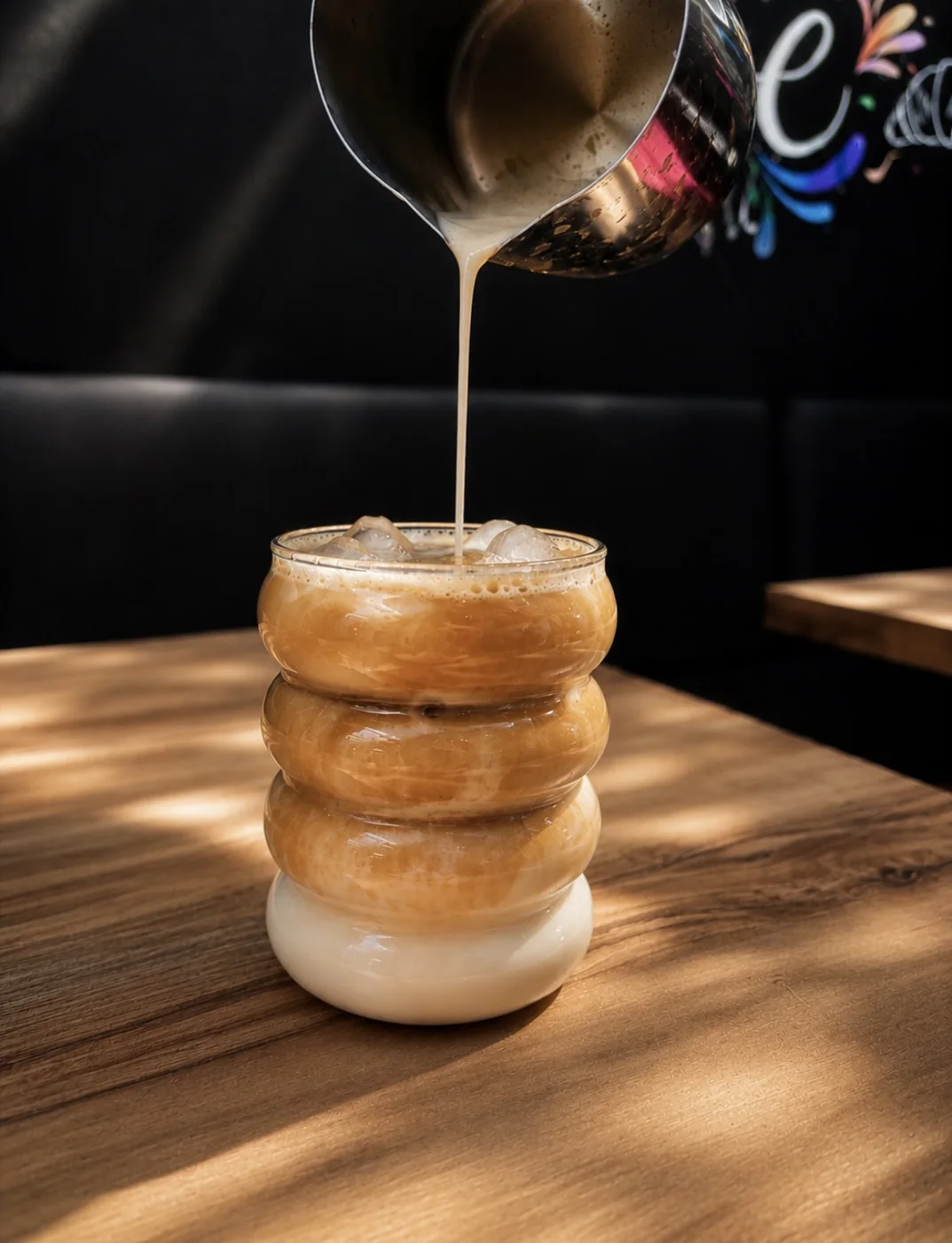 Un latte glacé en préparation au comptoir