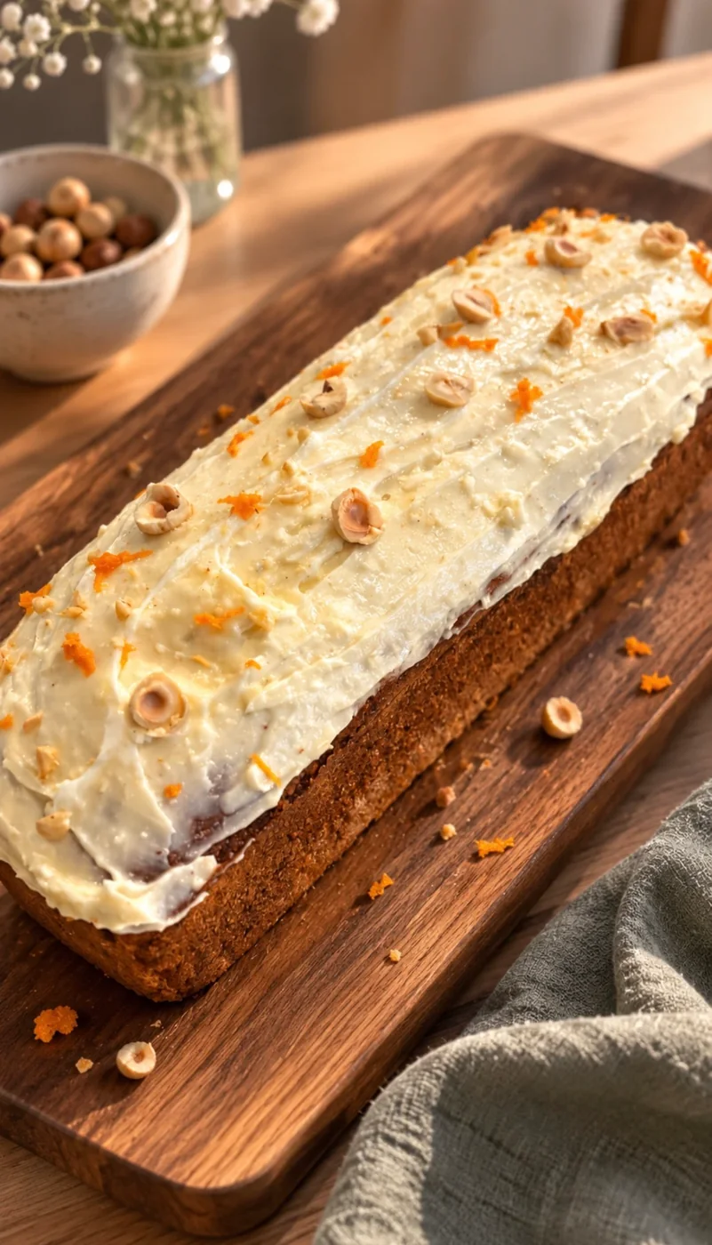 Cake glacé aux noisettes toastées servi sur une planche en bois