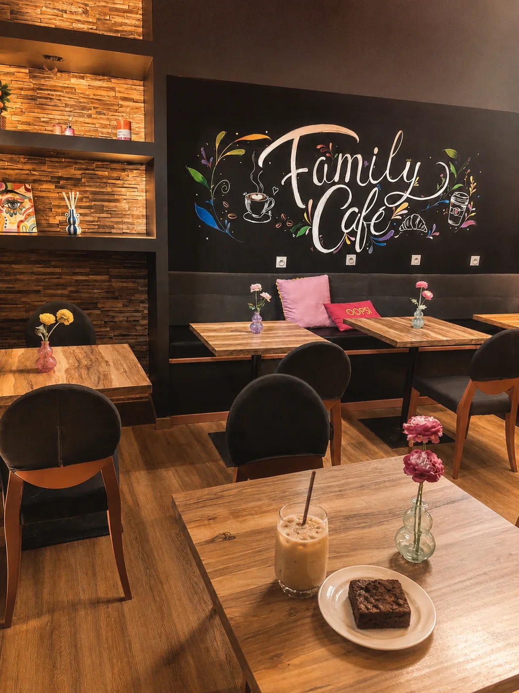 La salle du Family Café et son mural peint à la main