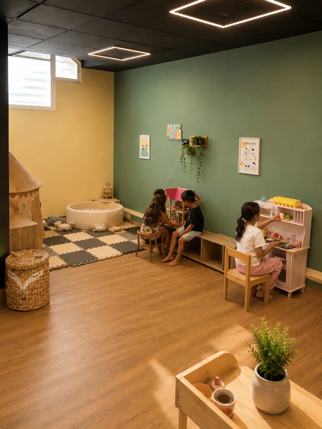 L'espace jeux du Family Café : tente en tissu, jouets et tapis d'activités