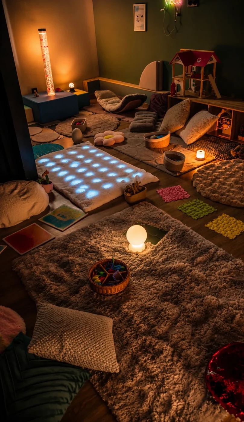 Le tapis lumineux et les veilleuses allumés dans la salle tamisée